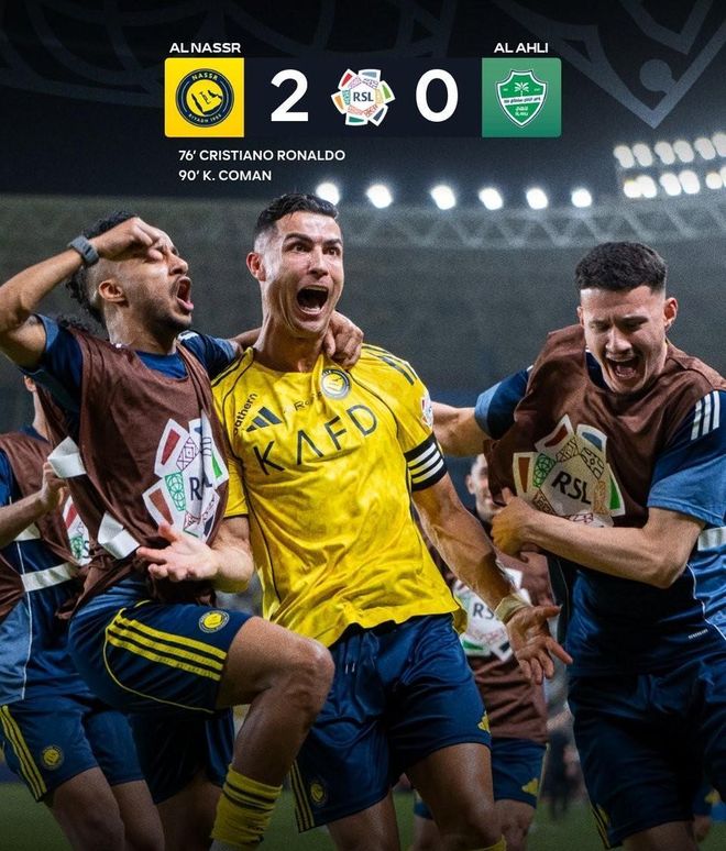 C罗头槌破门独造两球，助球队2-0掀翻亚冠冠军，联赛豪取16连胜领跑积分榜，个人职业生涯总进球数突破970大关